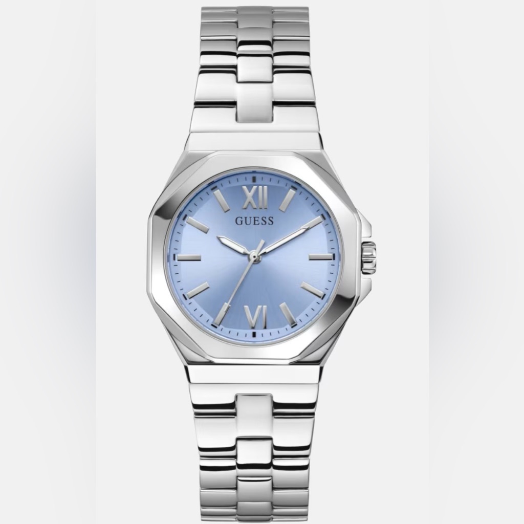 Guess Ladies Silver Stainless Steel Watch With Light Blue Dial